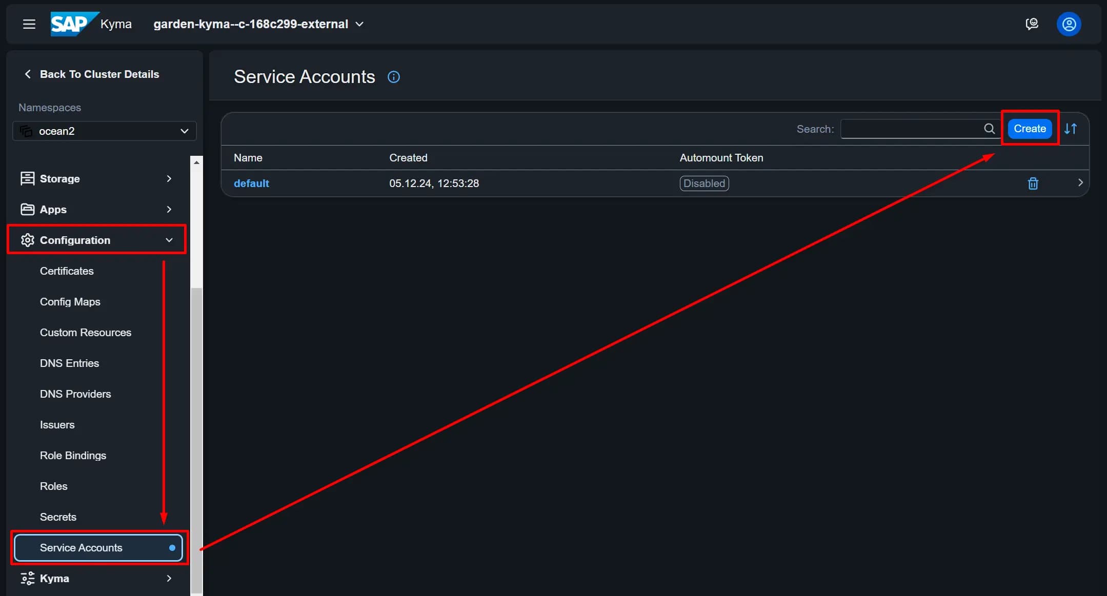 Kyma Dashboard - Create Service Account - 1