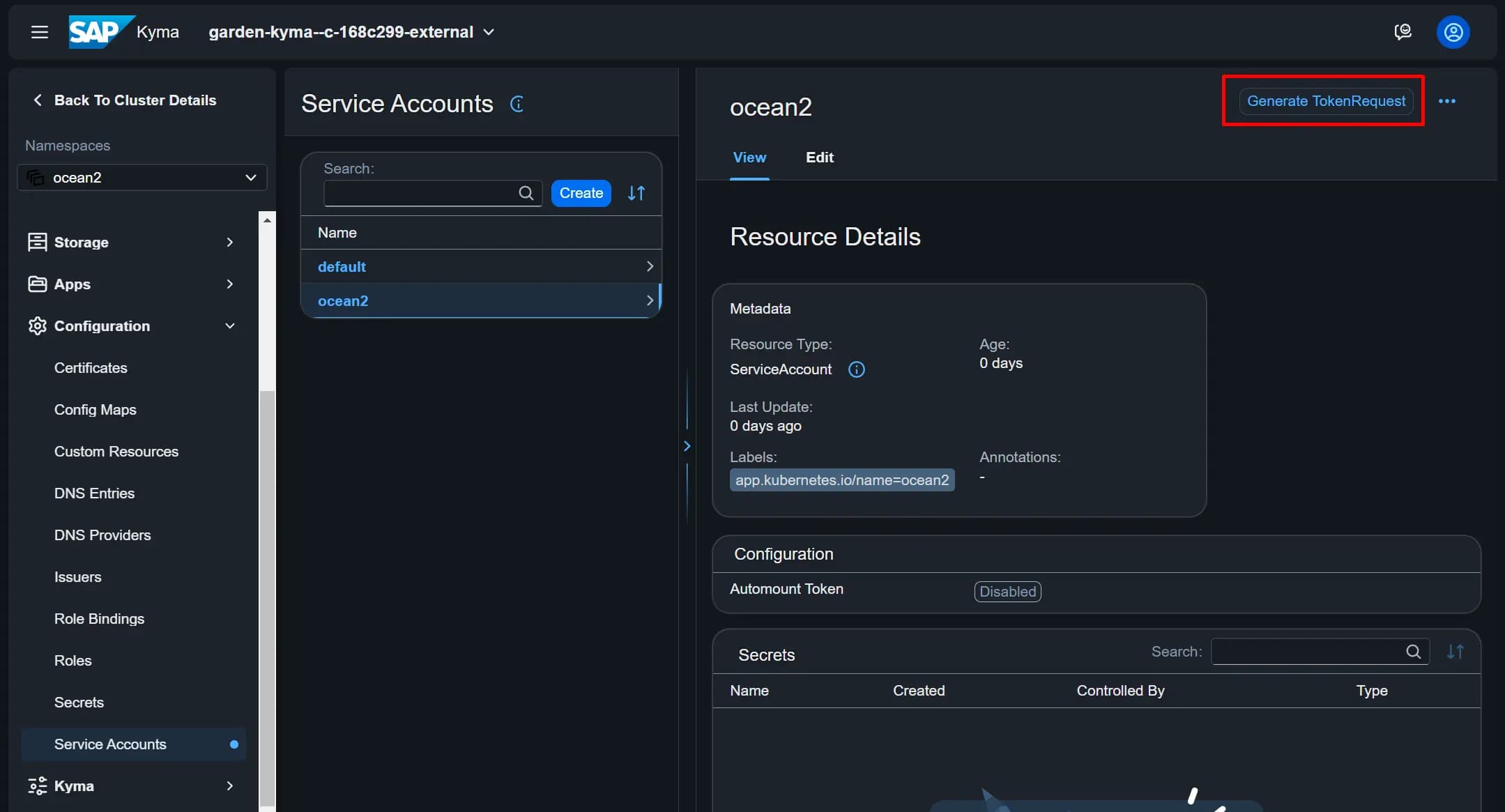 Kyma Dashboard - Generate Token Request - 1