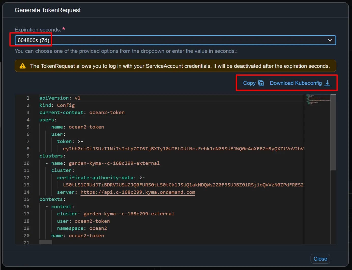 Kyma Dashboard - Generate Token Request - 3 - Copy or Download Kubeconfig